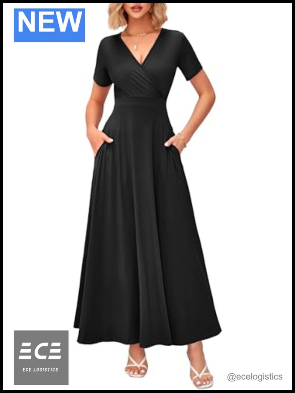 WNEEDU Women's Summer Maxi Dress Wrap V-Neck Short Sleeve Pockets